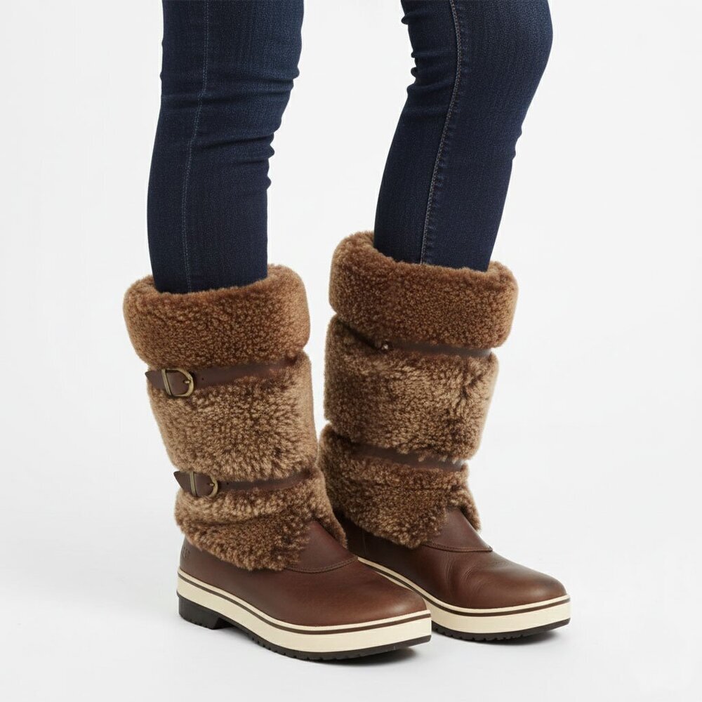 UGG Australia Lilyan Brown Leather Shearling Winter Boots Waterproof Fur Rubber
